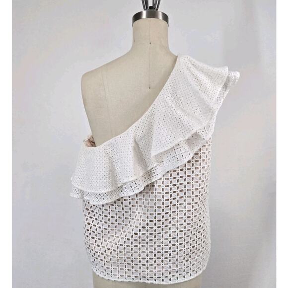 J Crew One Shoulder Ruffle Eyelet Top sz 6 White Cotton Nude Lining Boho Fairy - Picture 5 of 13